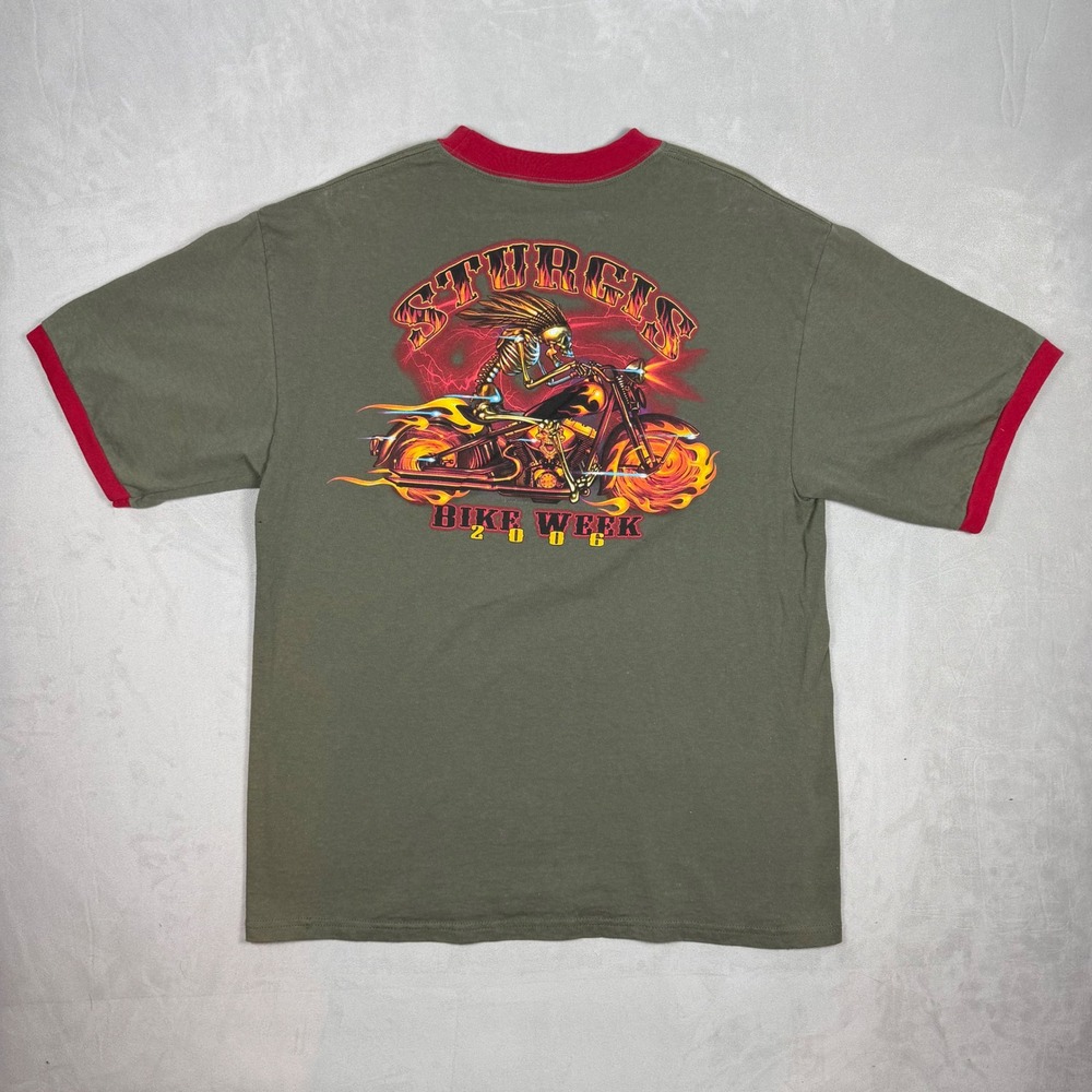 2000s Men Delta Sturgis Bike Week 2006 Graphic Ringer T-Shirt Olive Large - Picture 4 of 7